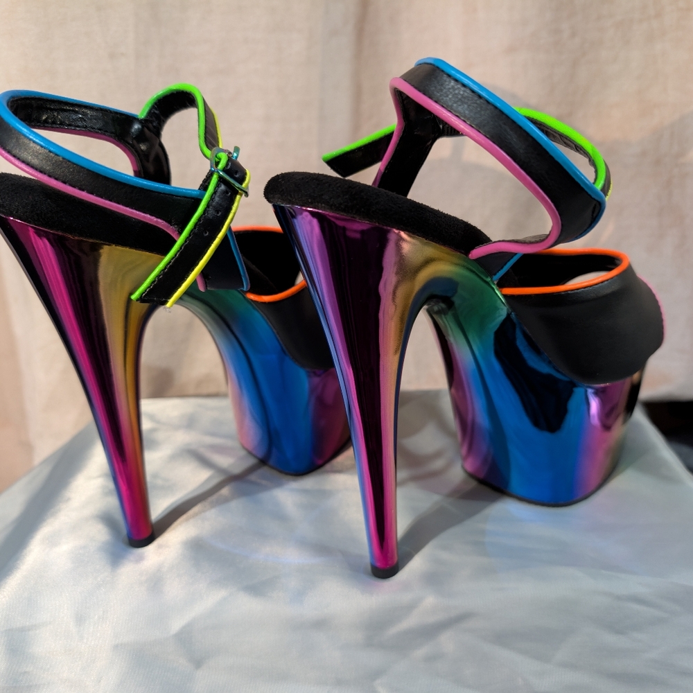 Pleasers Stilleto Psychedelic UV Rainbow Platform Heels Exotic Dancer Shoes 7" - Picture 3 of 9